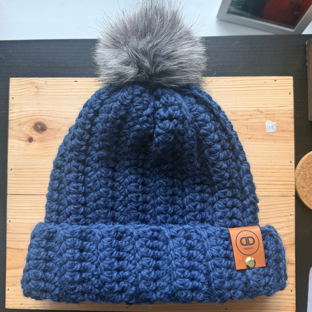 Cozy Blue Knit Beanie with Faux Fur Pom